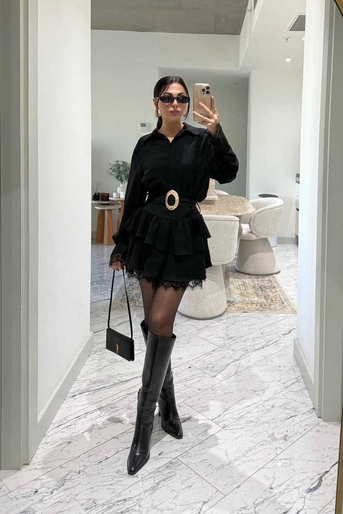 Siyah Gömlek Elbise - Görsel 2