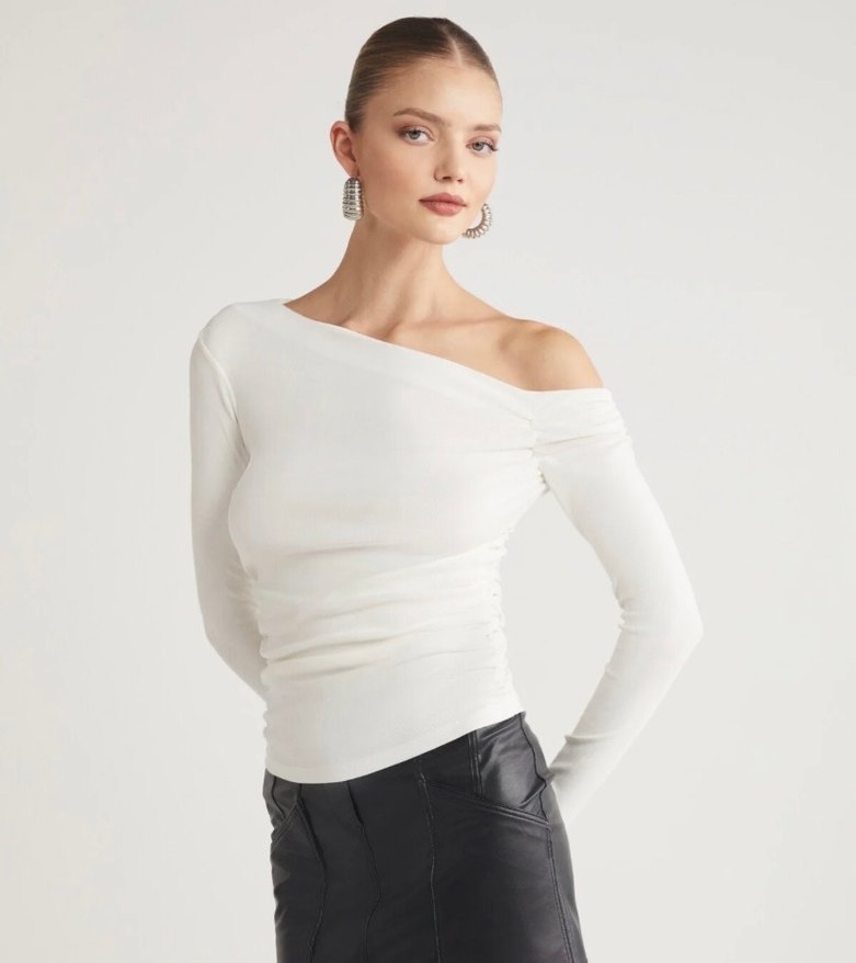 Beyaz Tek Omuzlu Uzun Kollu Bluz - Görsel 2