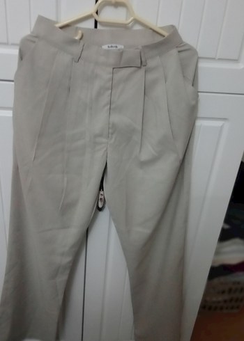 Bej Pilili Kadın Keten Kumaş Pantolon - Görsel 4