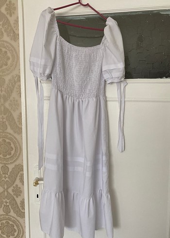 Beyaz Keten Drapeli Elbise - Görsel 2