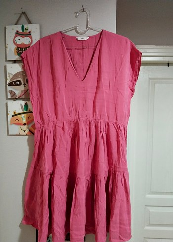 Pembe Keten Midi Elbise V Yaka