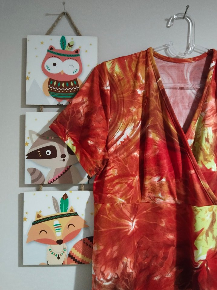 V Yaka Kısa Kollu Uzun Bağlama Desenli Hamile Tunik - Görsel 4