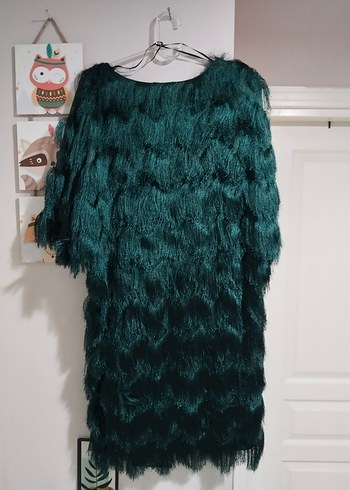 Püsküllü Yeşil Midi Kadın Suni Kürk Elbise - Görsel 5