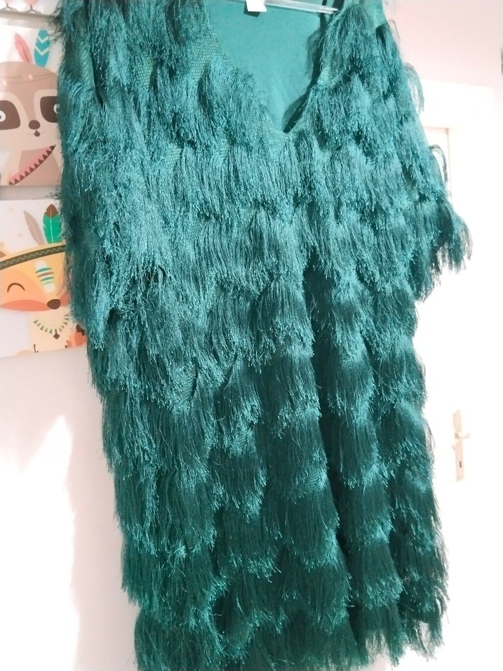 Püsküllü Yeşil Midi Kadın Suni Kürk Elbise - Görsel 3
