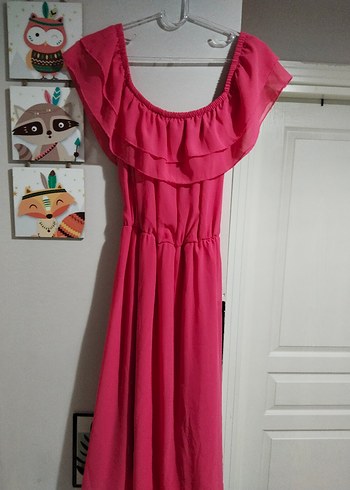 Pembe Midi Straplez Fırfırlı Elbise