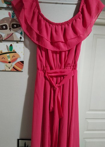 Pembe Midi Straplez Fırfırlı Elbise - Görsel 5