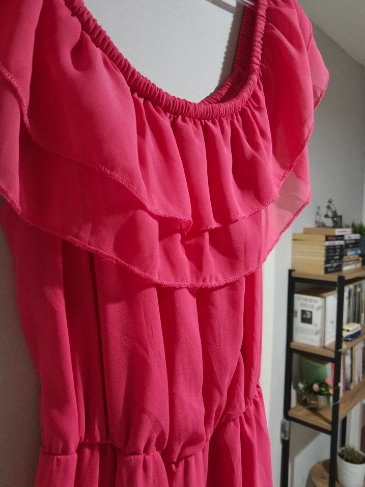 Pembe Midi Straplez Fırfırlı Elbise - Görsel 3