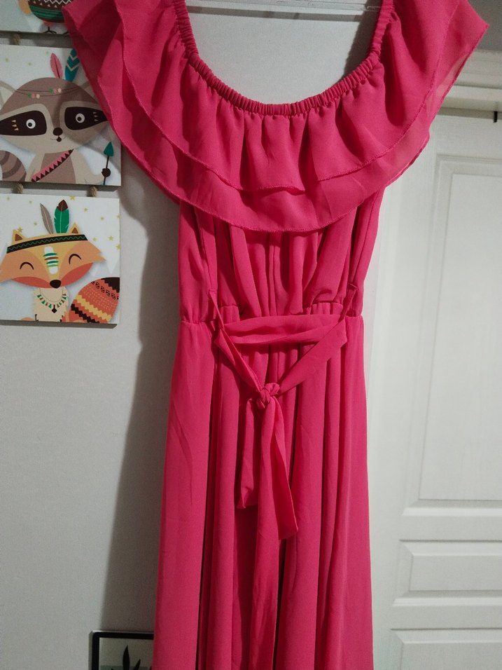 Pembe Midi Straplez Fırfırlı Elbise - Görsel 5