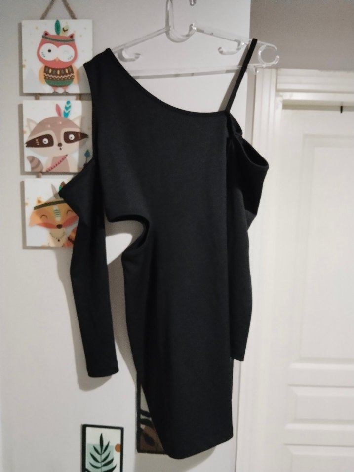 Siyah Asimetrik Kesim Midi Elbise - Görsel 4