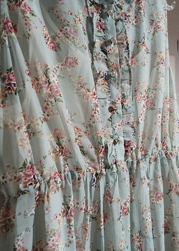 Turkuaz Çiçekli Bohem Pamuklu Midi Elbise - Görsel 2