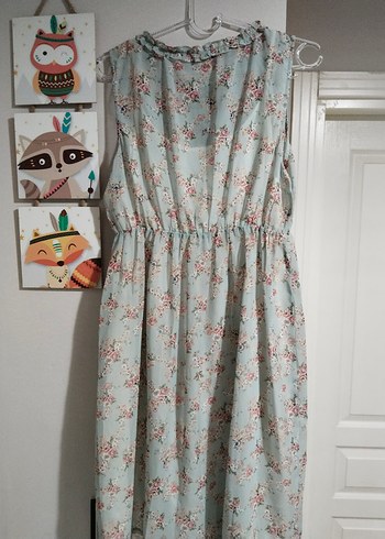 Turkuaz Çiçekli Bohem Pamuklu Midi Elbise - Görsel 5