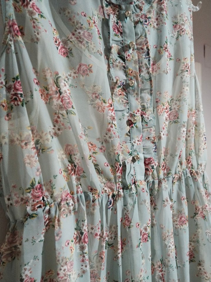 Turkuaz Çiçekli Bohem Pamuklu Midi Elbise - Görsel 2