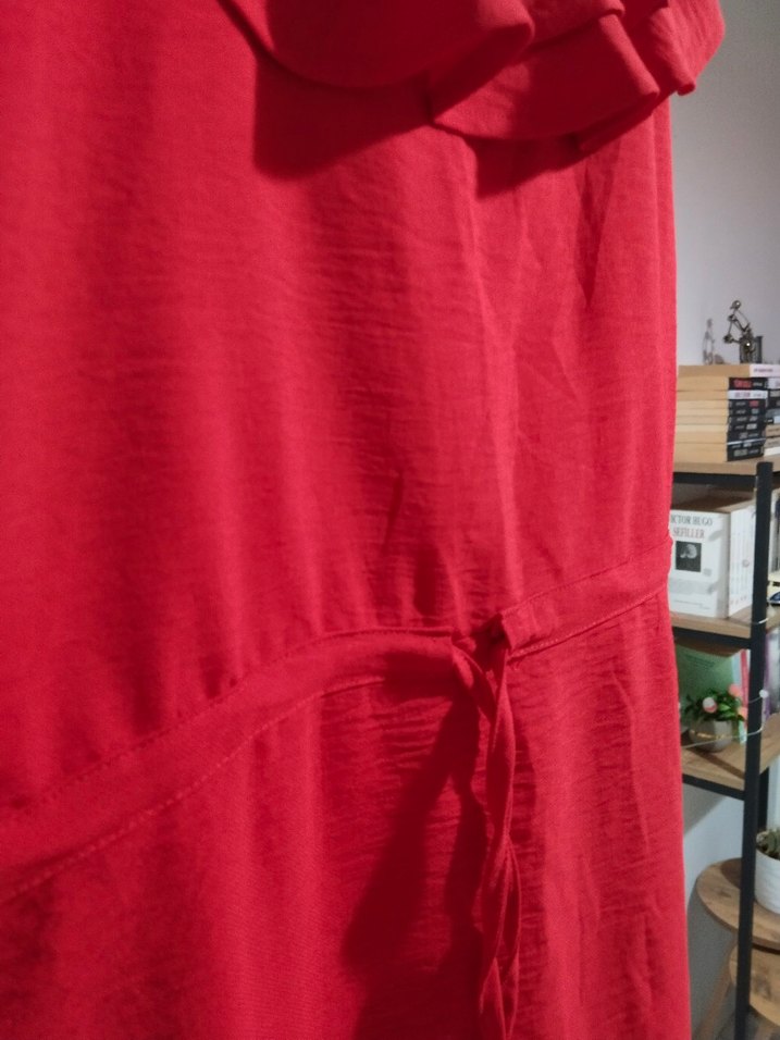 Kırmızı Fırfırlı Midi Keten Elbise - Görsel 2