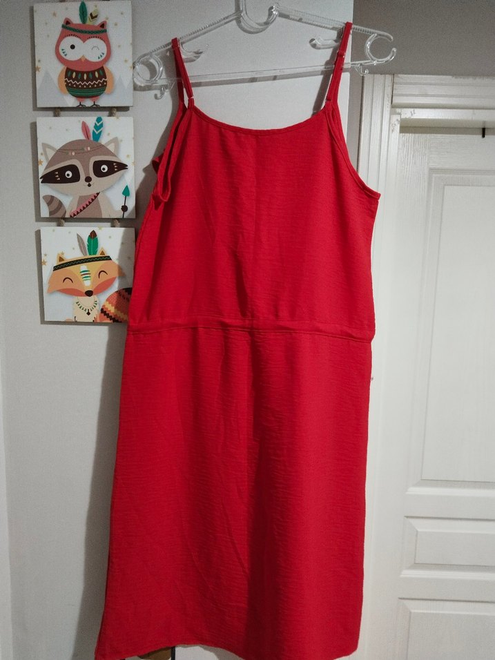 Kırmızı Fırfırlı Midi Keten Elbise - Görsel 4