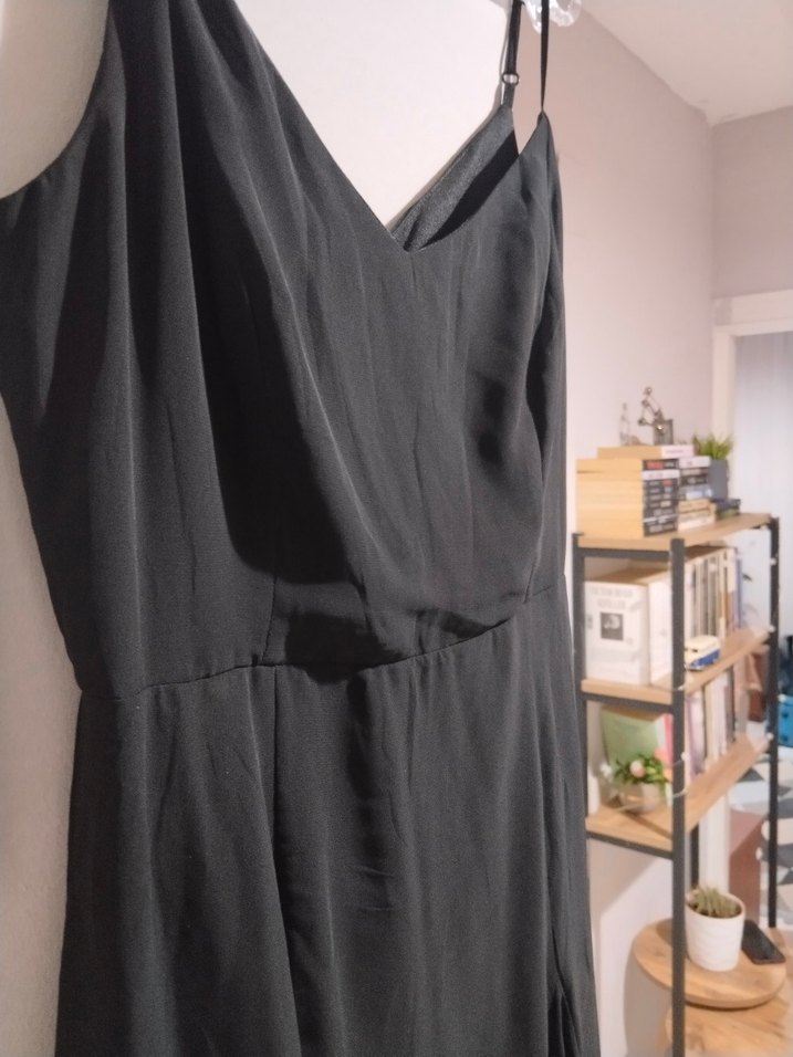 Siyah Drapeli V Yaka Midi Elbise - Görsel 2