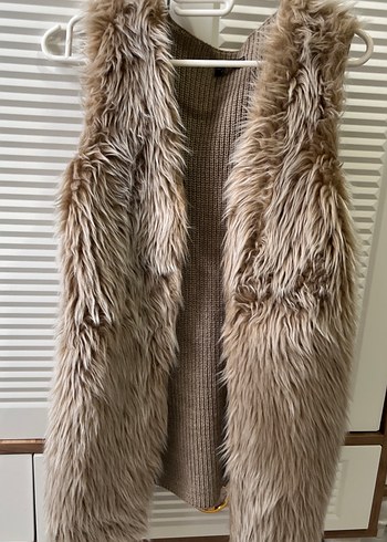 Bej Kürk Detaylı Kadın Yün Yelek - Görsel 2