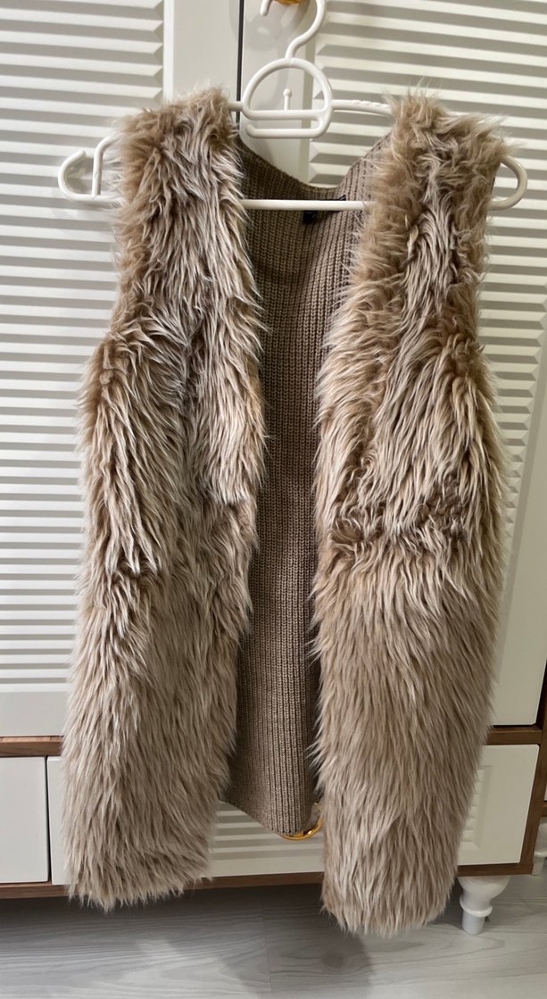 Bej Kürk Detaylı Kadın Yün Yelek - Görsel 2