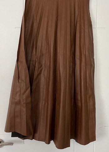 Kadın Kahverengi Deri Pileli Uzun Etek - Görsel 2