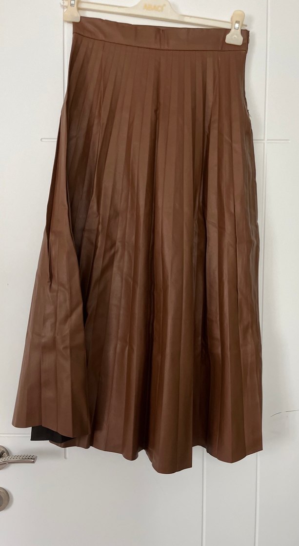 Kadın Kahverengi Deri Pileli Uzun Etek - Görsel 2