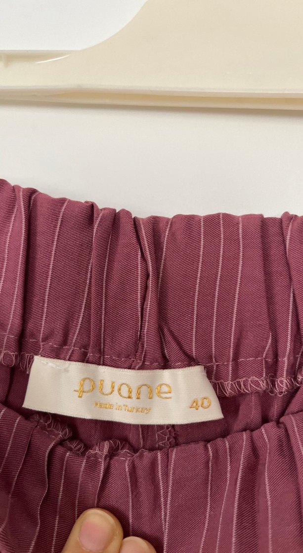 Gül kurusu çizgılı Bol Kesim Keten Pantolon - Görsel 3