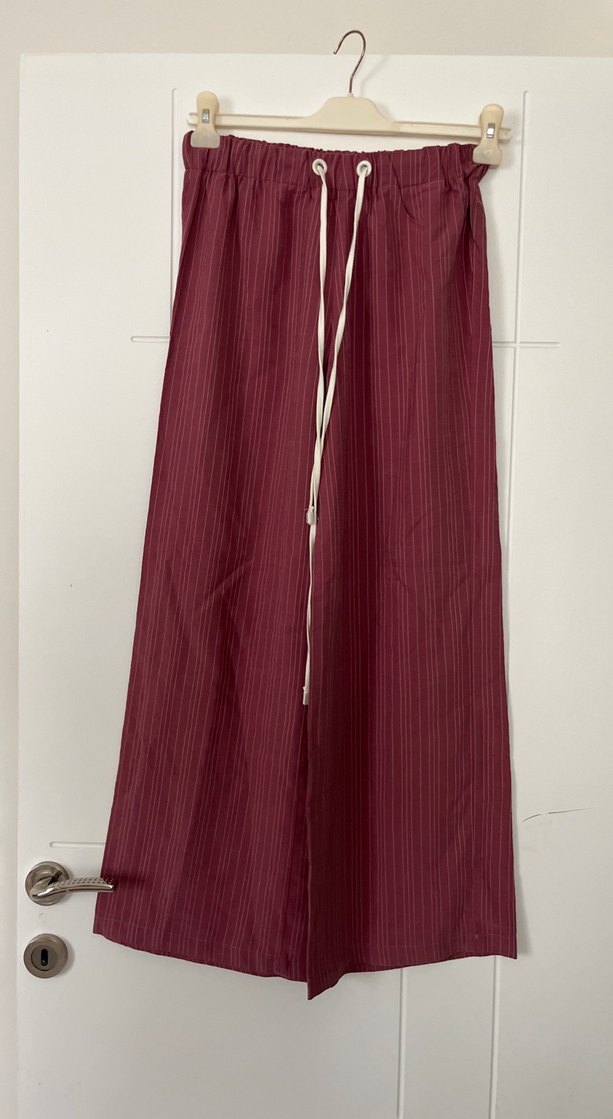 Gül kurusu çizgılı Bol Kesim Keten Pantolon - Görsel 2