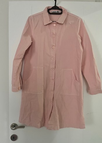 Pudra düğmeli kot keten uzun ceket - Görsel 2