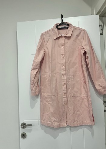 Pudra düğmeli kot keten uzun ceket - Görsel 5