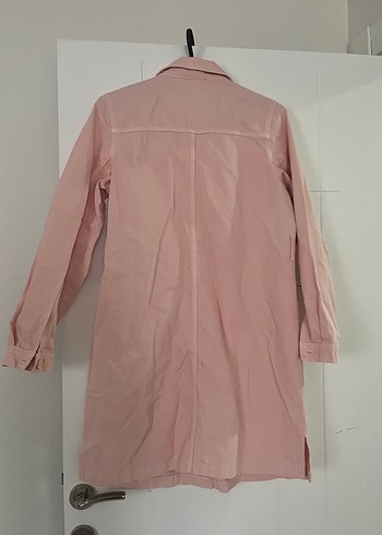 Pudra düğmeli kot keten uzun ceket - Görsel 4