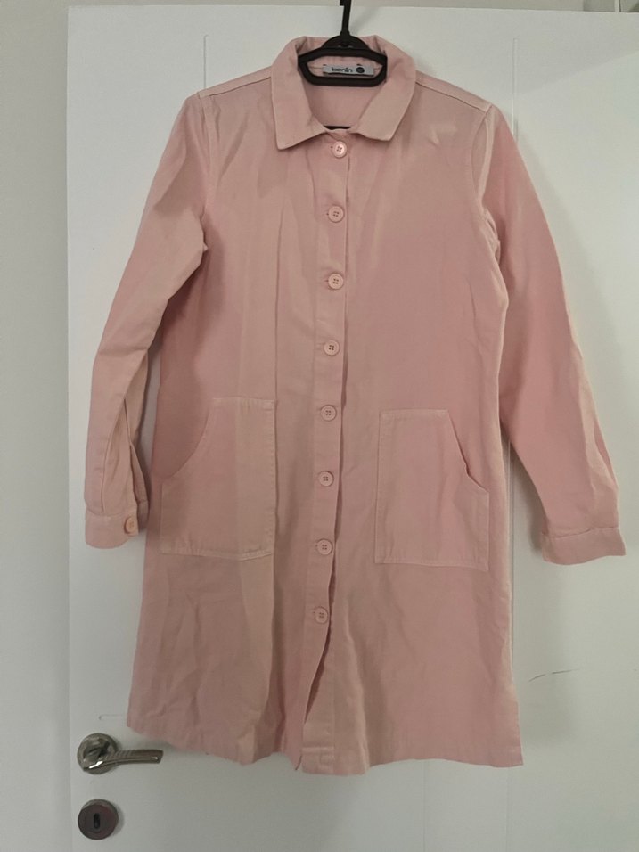 Pudra düğmeli kot keten uzun ceket - Görsel 2