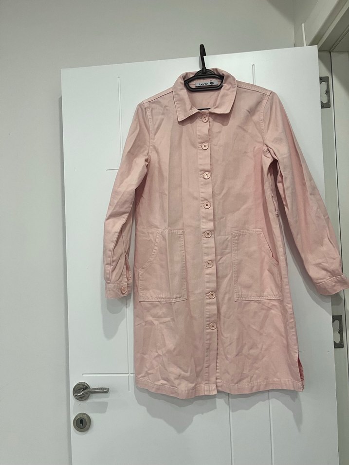 Pudra düğmeli kot keten uzun ceket - Görsel 5