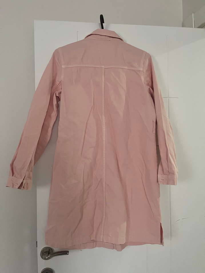 Pudra düğmeli kot keten uzun ceket - Görsel 4