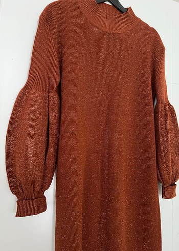 Simli parlak Kahverengi Kadın triko Uzun Elbise - Görsel 2