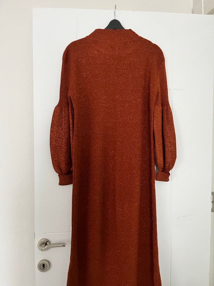 Simli parlak Kahverengi Kadın triko Uzun Elbise - Görsel 3