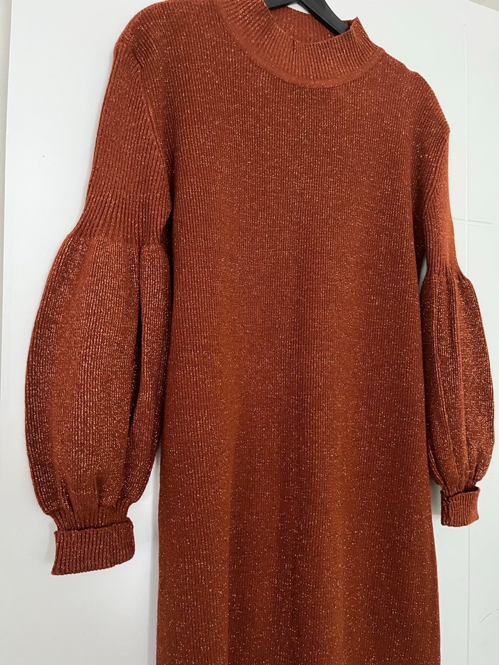 Simli parlak Kahverengi Kadın triko Uzun Elbise - Görsel 2