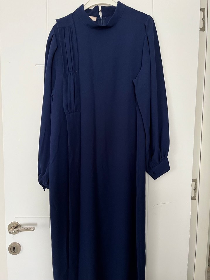 Lacivert Uzun Kemerli Şık Elbise - Görsel 5