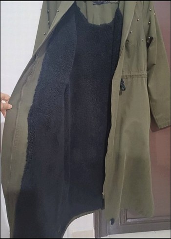 Düğmeli Haki Süet Uzun Kadın Kaban - Görsel 3