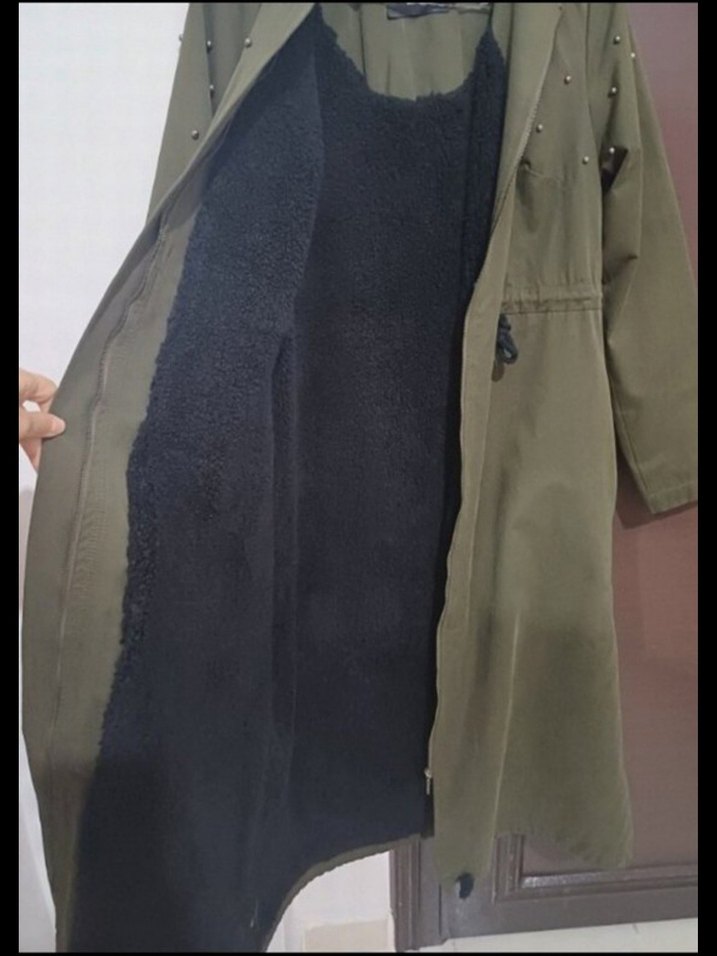 Düğmeli Haki Süet Uzun Kadın Kaban - Görsel 3