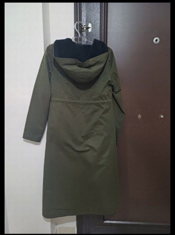 Düğmeli Haki Süet Uzun Kadın Kaban - Görsel 2