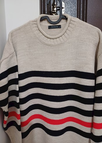 Çizgili Gri Uzun Kollu Triko Kadın Kazak - Görsel 2