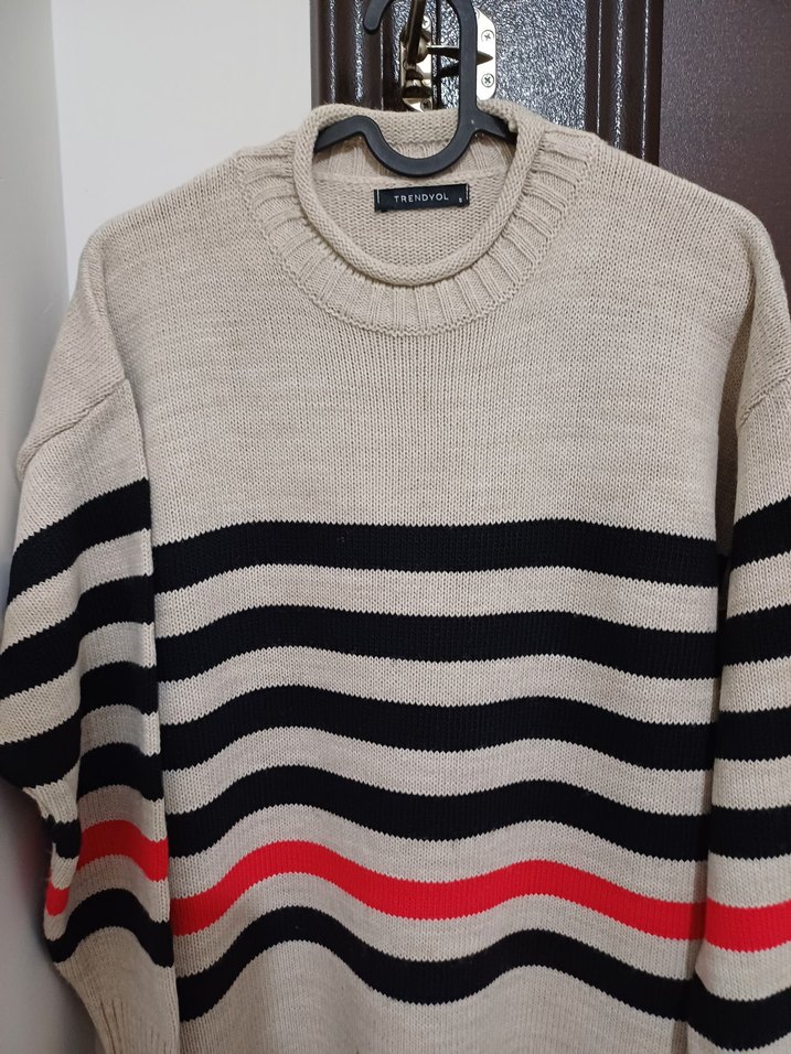 Çizgili Gri Uzun Kollu Triko Kadın Kazak - Görsel 2
