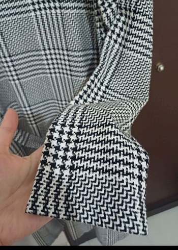 Gri Ekose Desenli Kemerli Uzun Kadın trenckot - Görsel 7