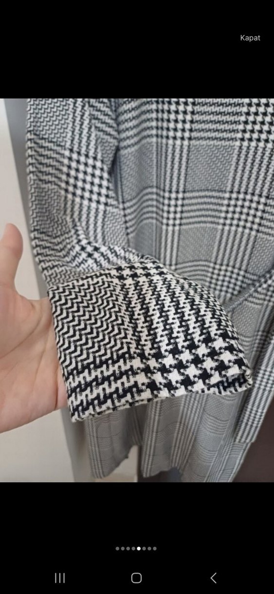 Gri Ekose Desenli Kemerli Uzun Kadın trenckot - Görsel 5