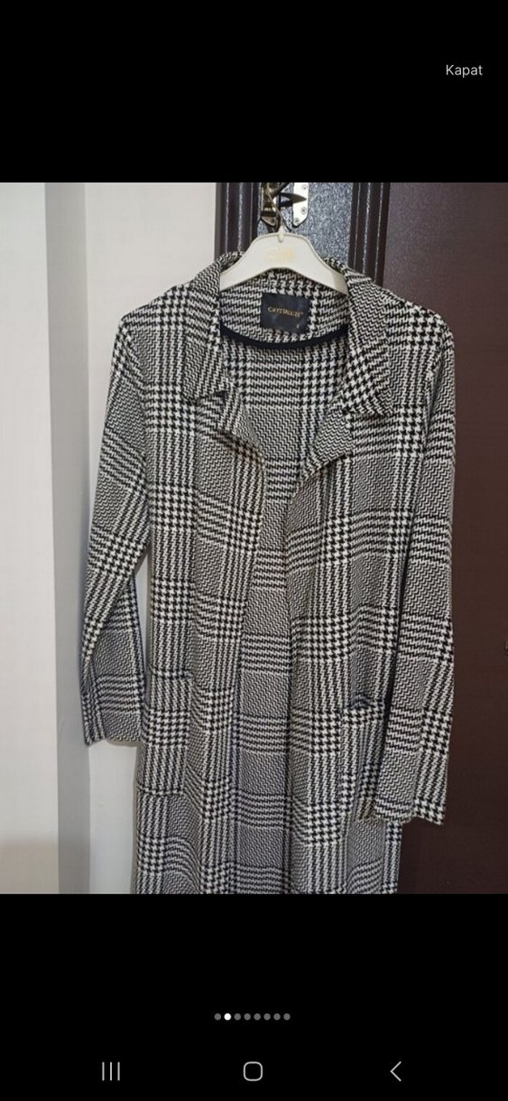 Gri Ekose Desenli Kemerli Uzun Kadın trenckot - Görsel 2