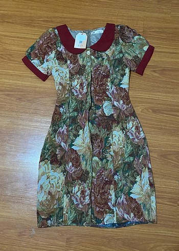 Bordo Yakalı Vintage Çiçekli Midi Elbise