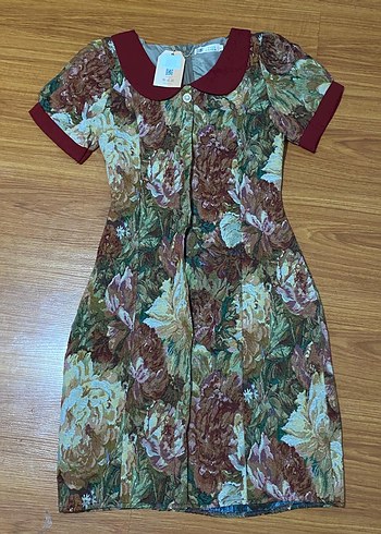 Diğer Bordo Yakalı Vintage Çiçekli Midi Elbise