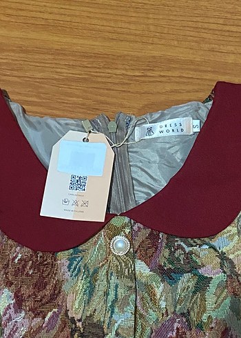 s Beden Bordo Yakalı Vintage Çiçekli Midi Elbise