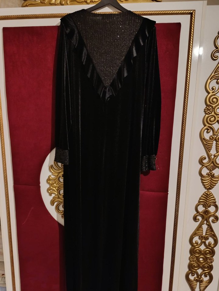 Siyah kadife kumaş Uzun Kollu Kadın Elbise - Görsel 2