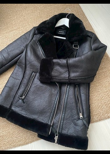Stradivarius Kürklü Siyah Deri Biker Ceket