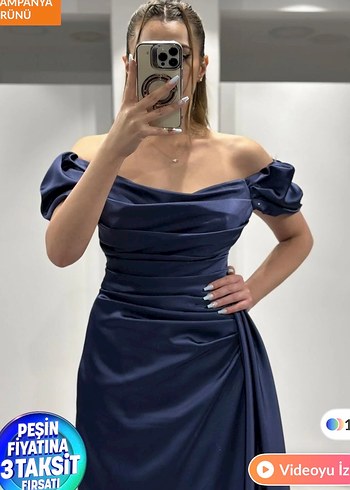 Lacivert Drapeli Uzun Abiye Elbise - Görsel 2