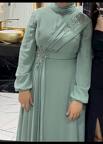 Abiye Su yeşili Uzun Kollu Drapeli Abiye Elbise